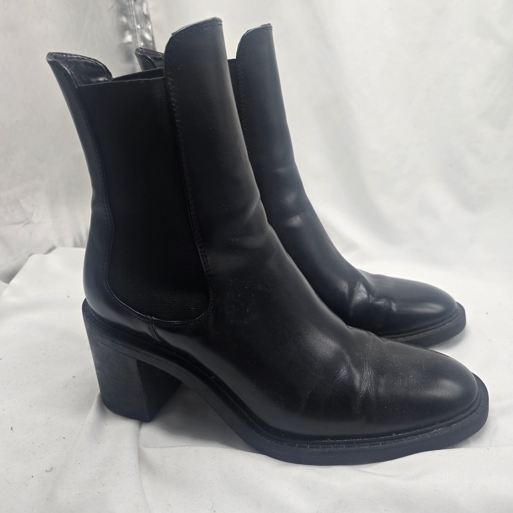 Zara Heeled Chelsea Boots Women 40 Black Faux Leather Block Heel Minimalist Goth